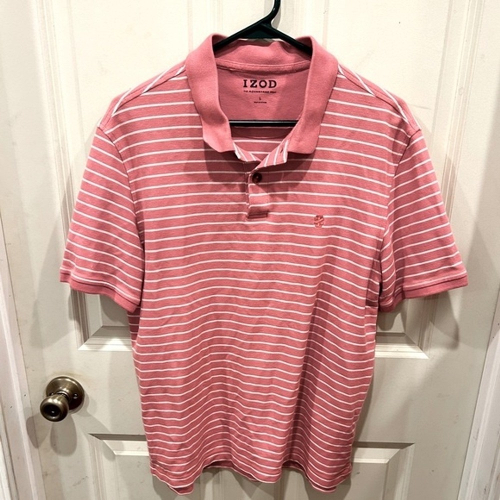 IZOD Mens Advantage Polo Shirt Pink White Stripe Short Sleeve Size L Golf Preppy